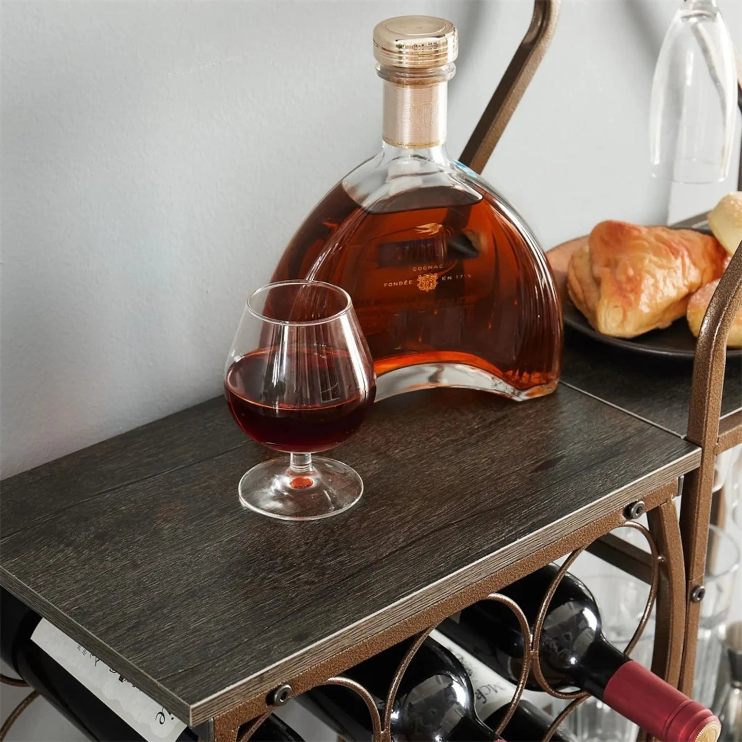 Small Floor Wine Rack with Glass Holder – 5-Tier Rustic Wine Shelf Geniogoods