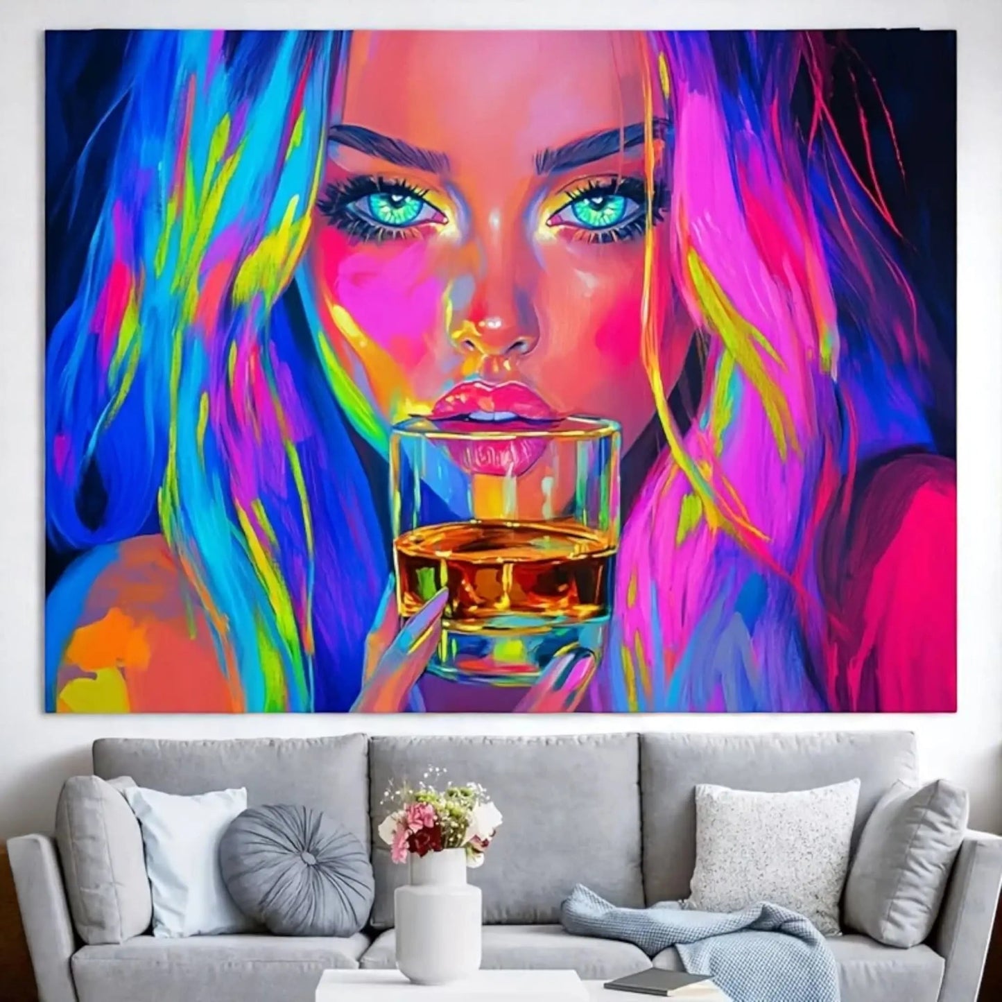 UV Blacklight Drinking Girl Tapestry – Neon Aesthetic Wall Art Geniogoods