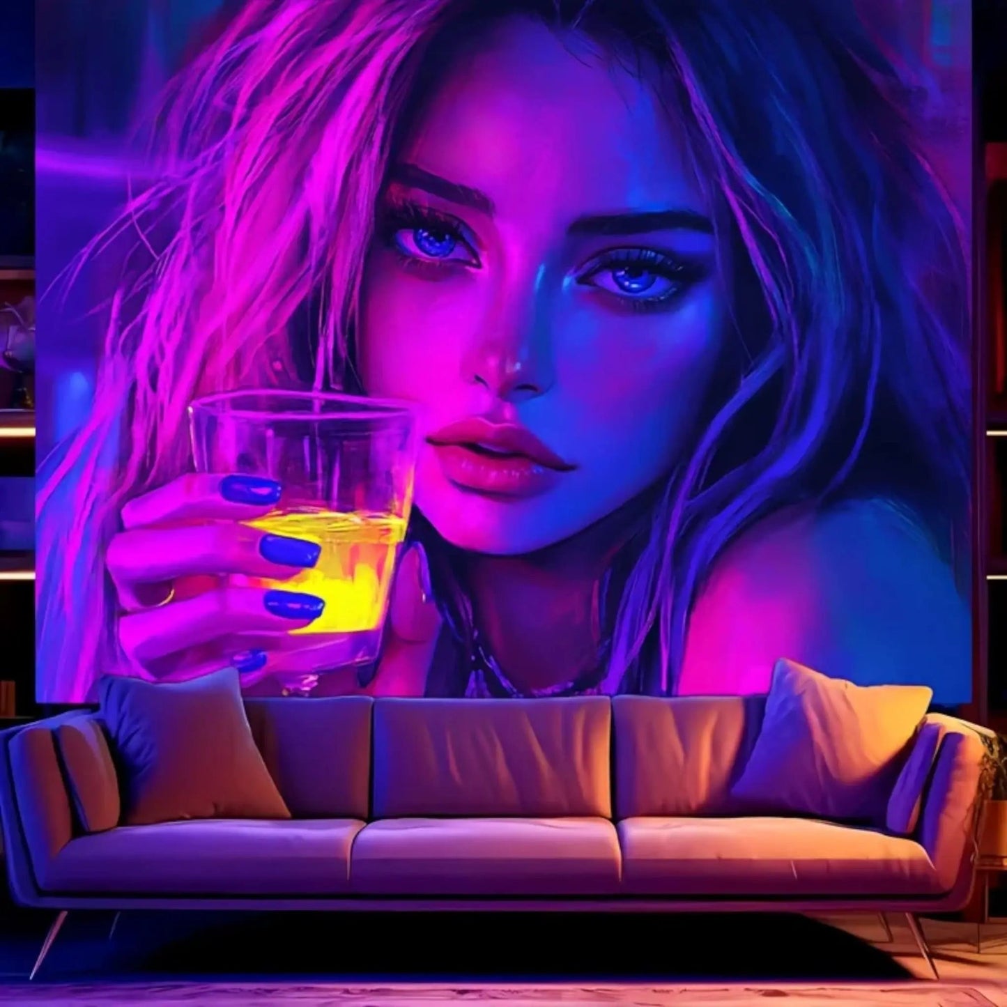 UV Blacklight Drinking Girl Tapestry – Neon Aesthetic Wall Art Geniogoods