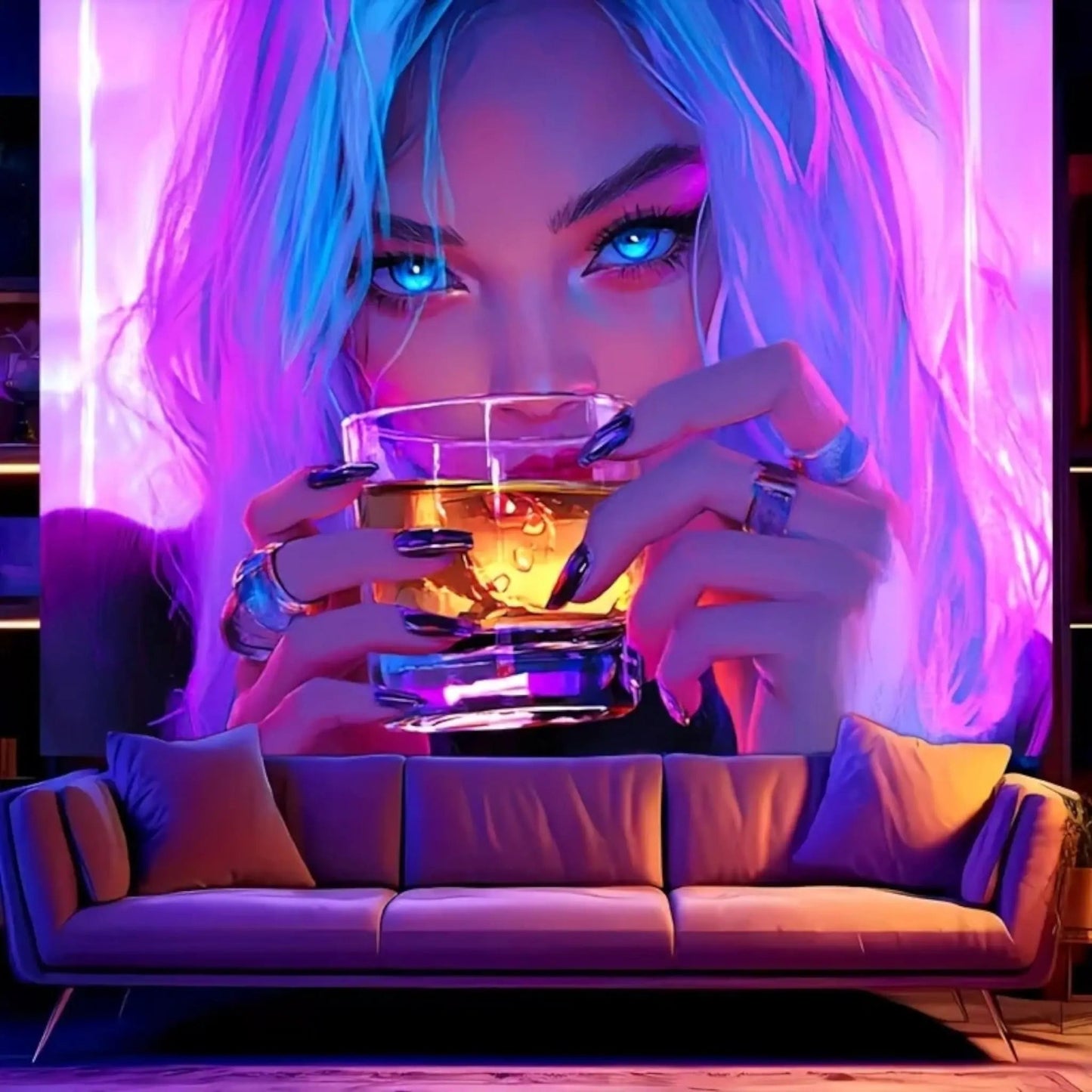 UV Blacklight Drinking Girl Tapestry – Neon Aesthetic Wall Art Geniogoods
