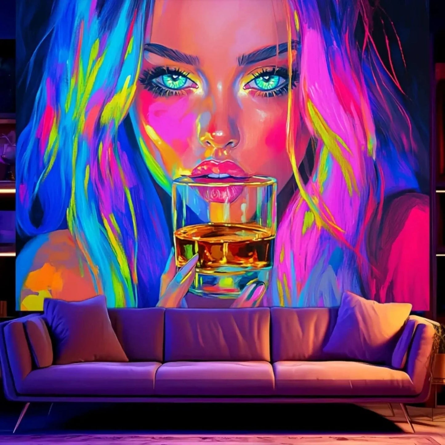 UV Blacklight Drinking Girl Tapestry – Neon Aesthetic Wall Art Geniogoods