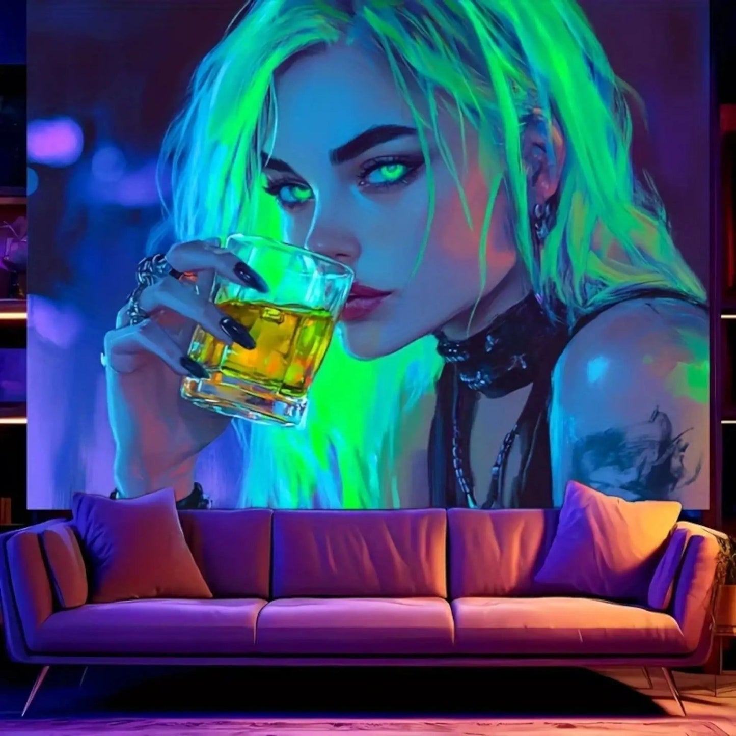 UV Blacklight Drinking Girl Tapestry – Neon Aesthetic Wall Art Geniogoods