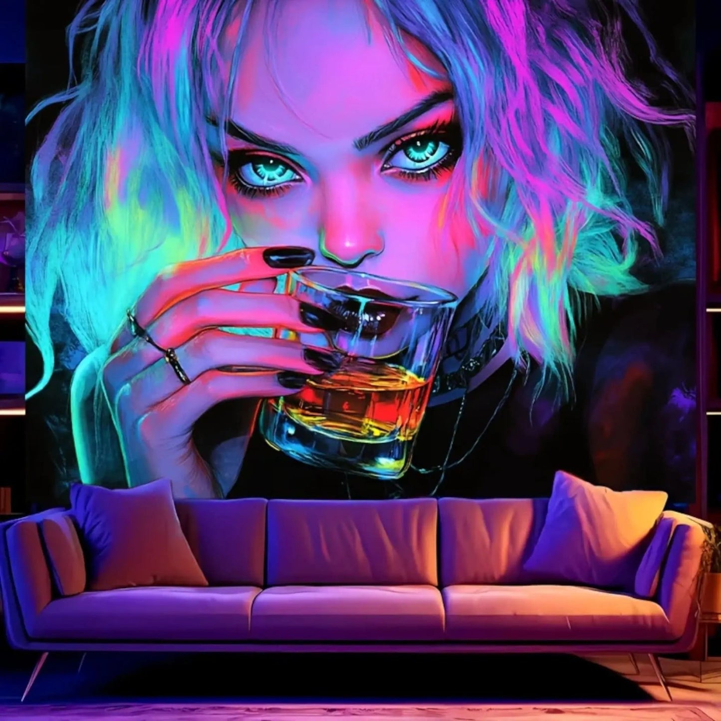 UV Blacklight Drinking Girl Tapestry – Neon Aesthetic Wall Art Geniogoods