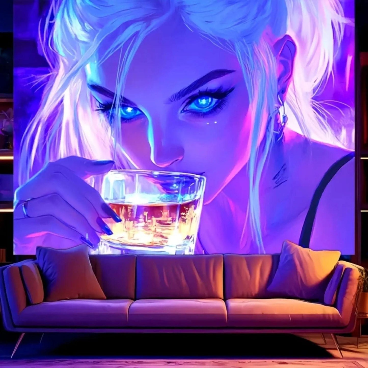 UV Blacklight Drinking Girl Tapestry – Neon Aesthetic Wall Art Geniogoods