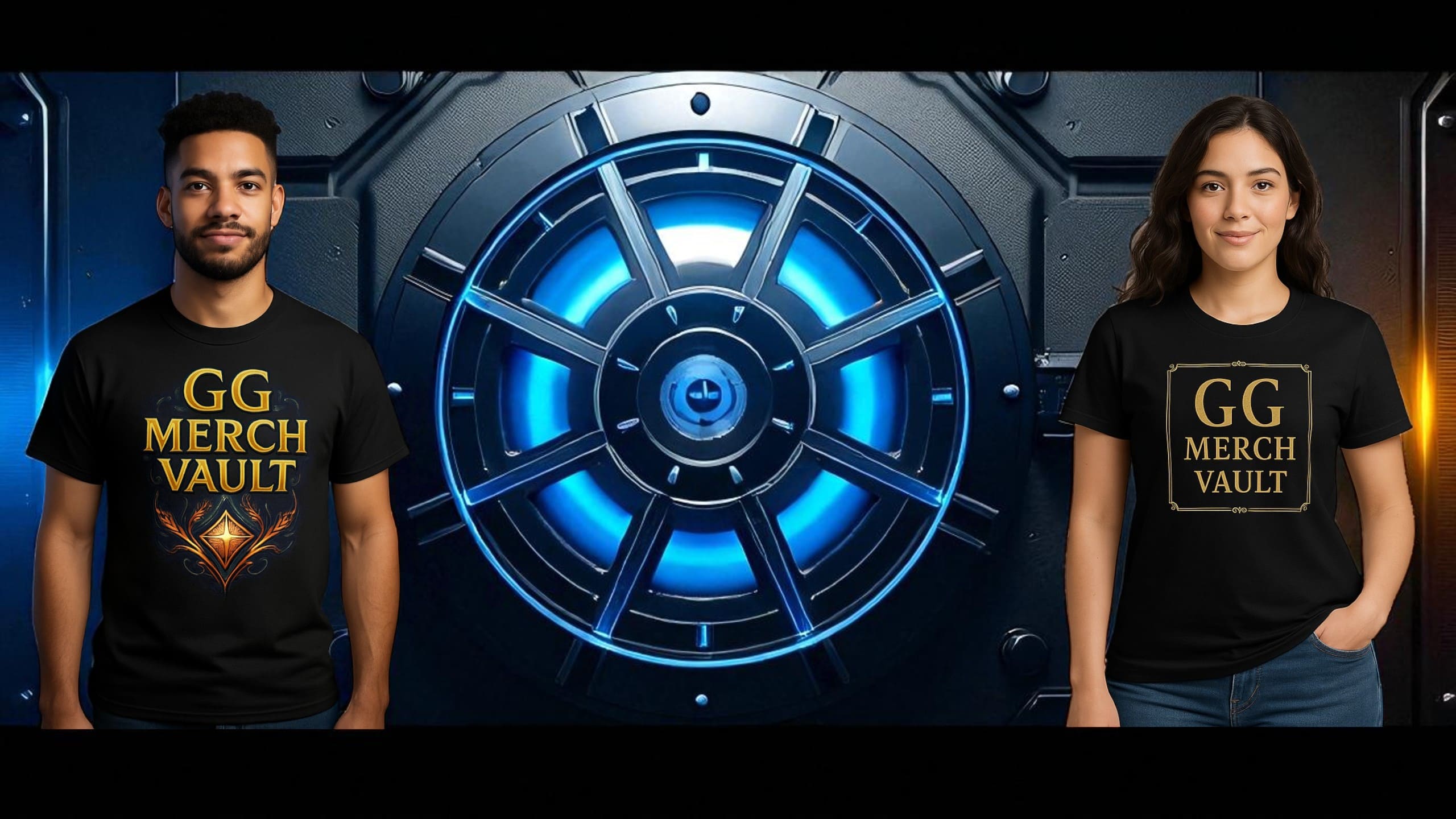 Two people wearing black t-shirts with 'GG Merch Vault' text in front of a blue-lit vault door.