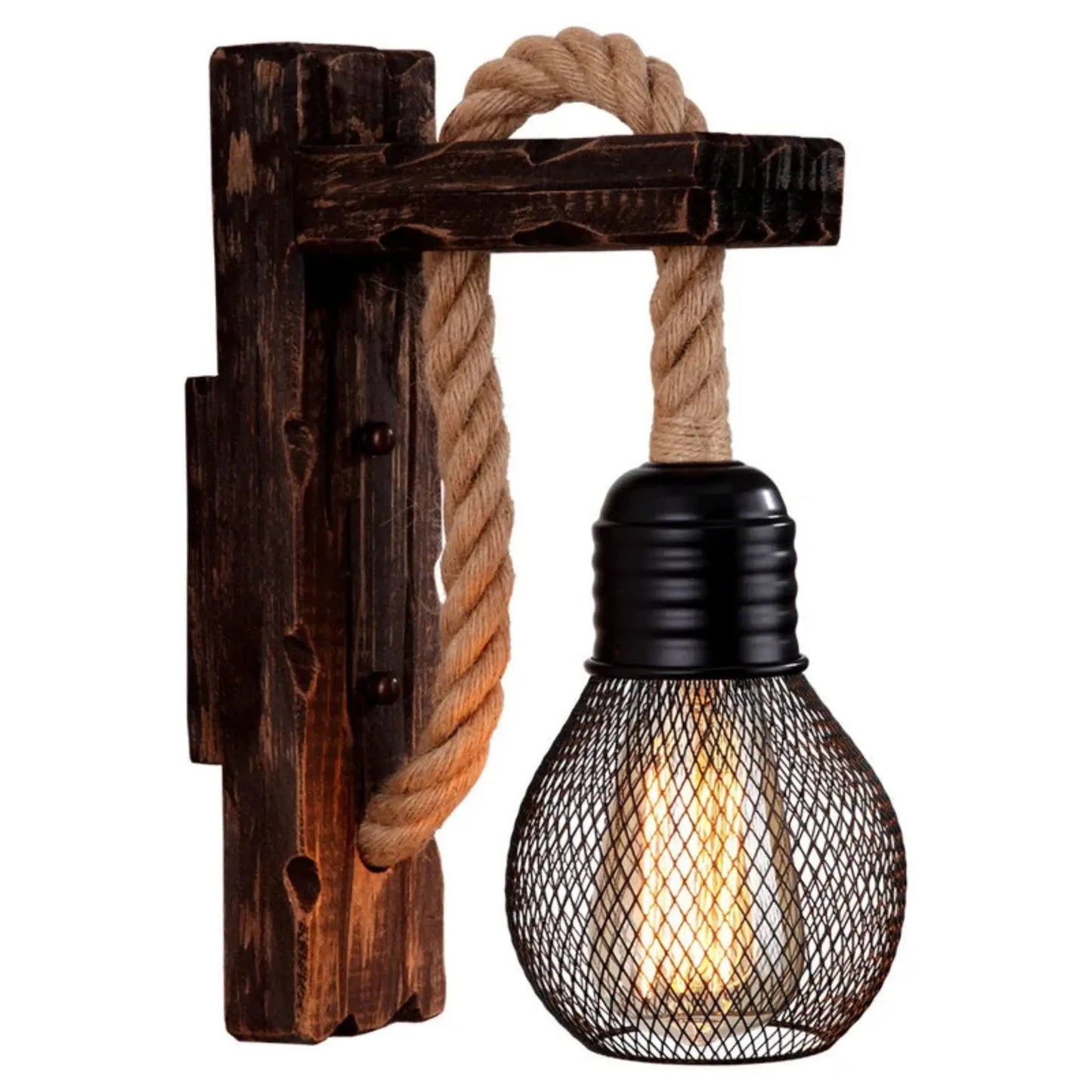 Vintage Wood Hemp Rope Wall Lamp – Industrial Retro Lighting