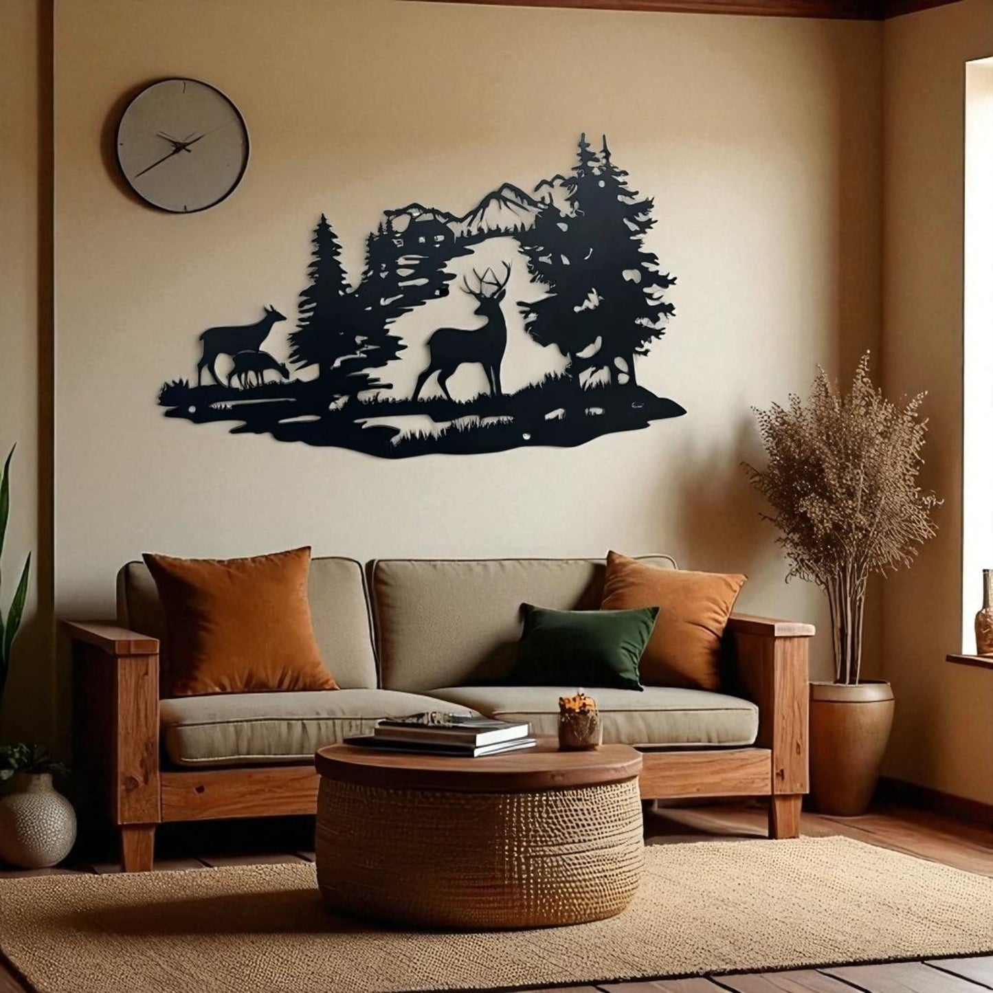 Deer Forest Silhouette Metal Wall Art – Rustic Cabin Home Decor
