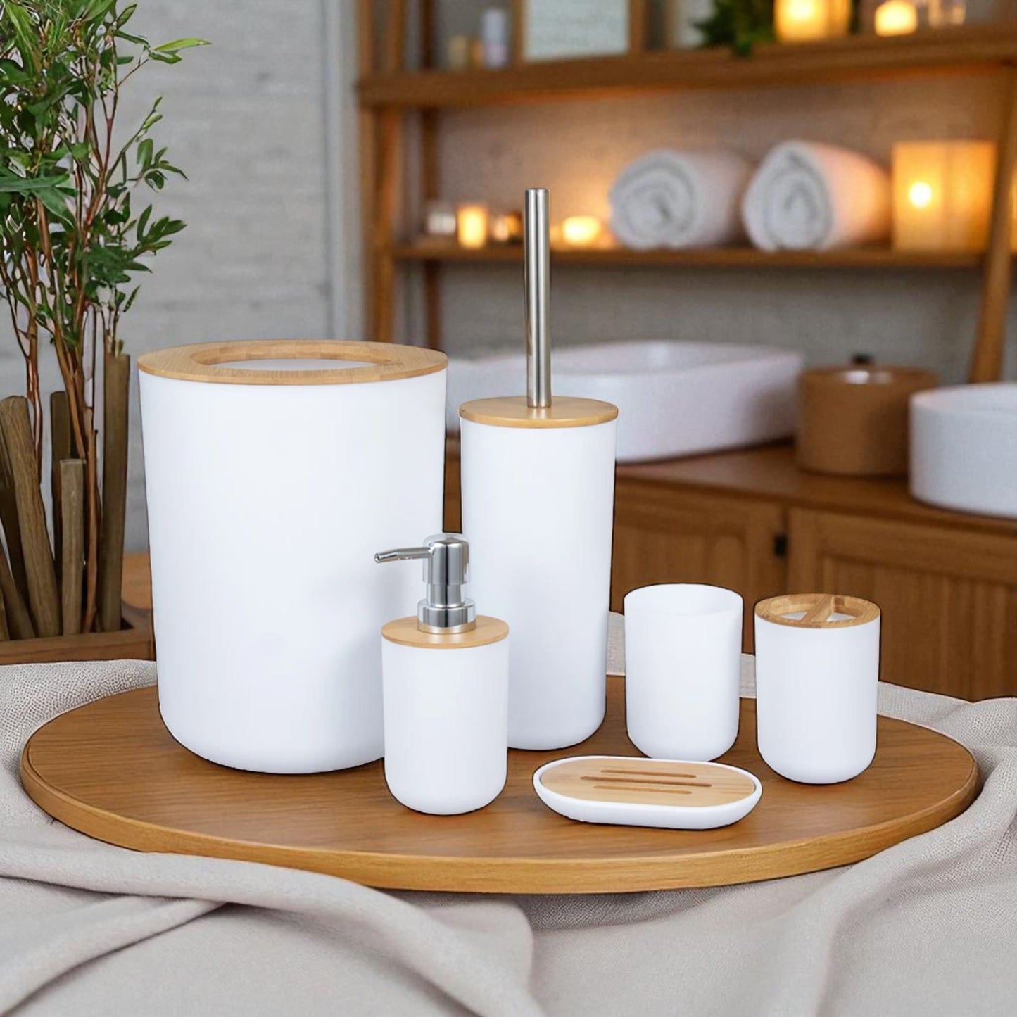 Bathroom accessories set 6-piece – bamboo minimalist decor - Geniogoods