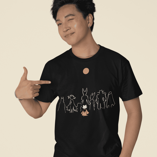 Male model wearing the Nine Sols Character Tee – Under the Golden Sol in a relaxed studio pose.