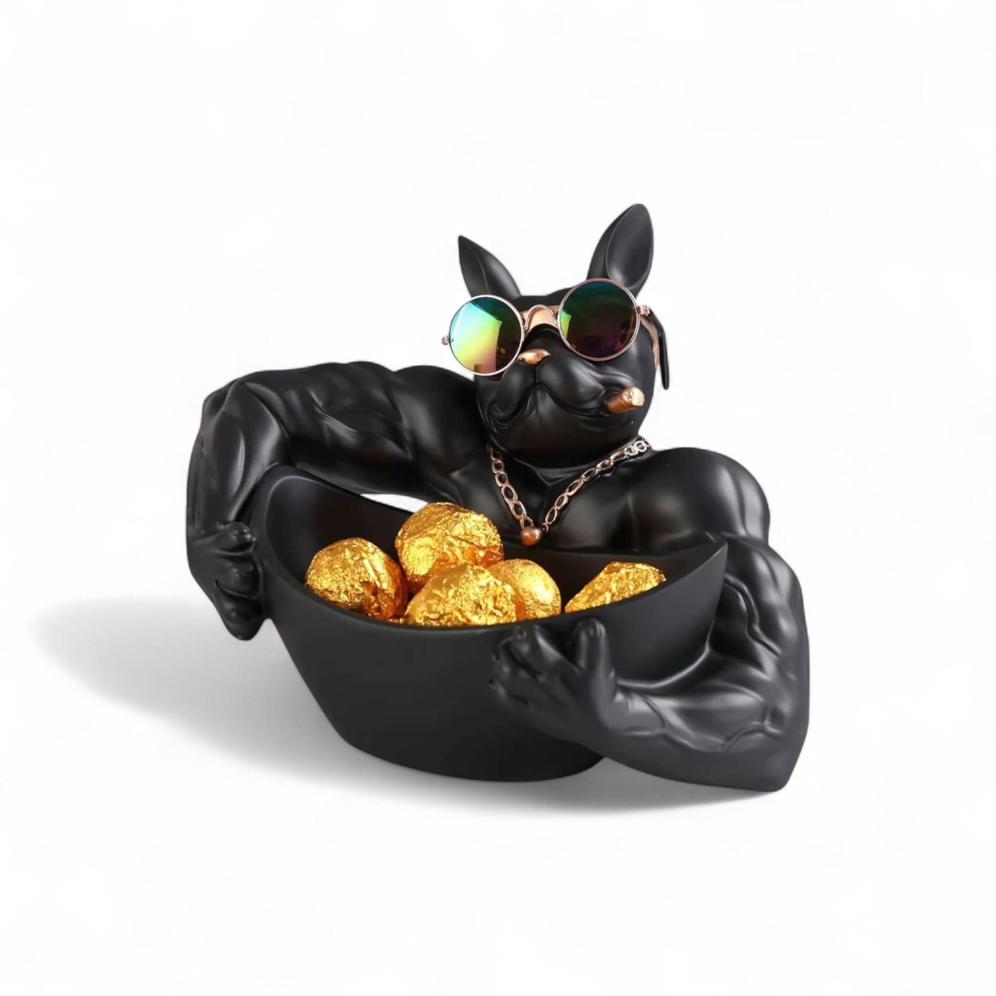 Modern muscular black bulldog statue with sunglasses and gold balls in a bowl – luxury home decor accessory