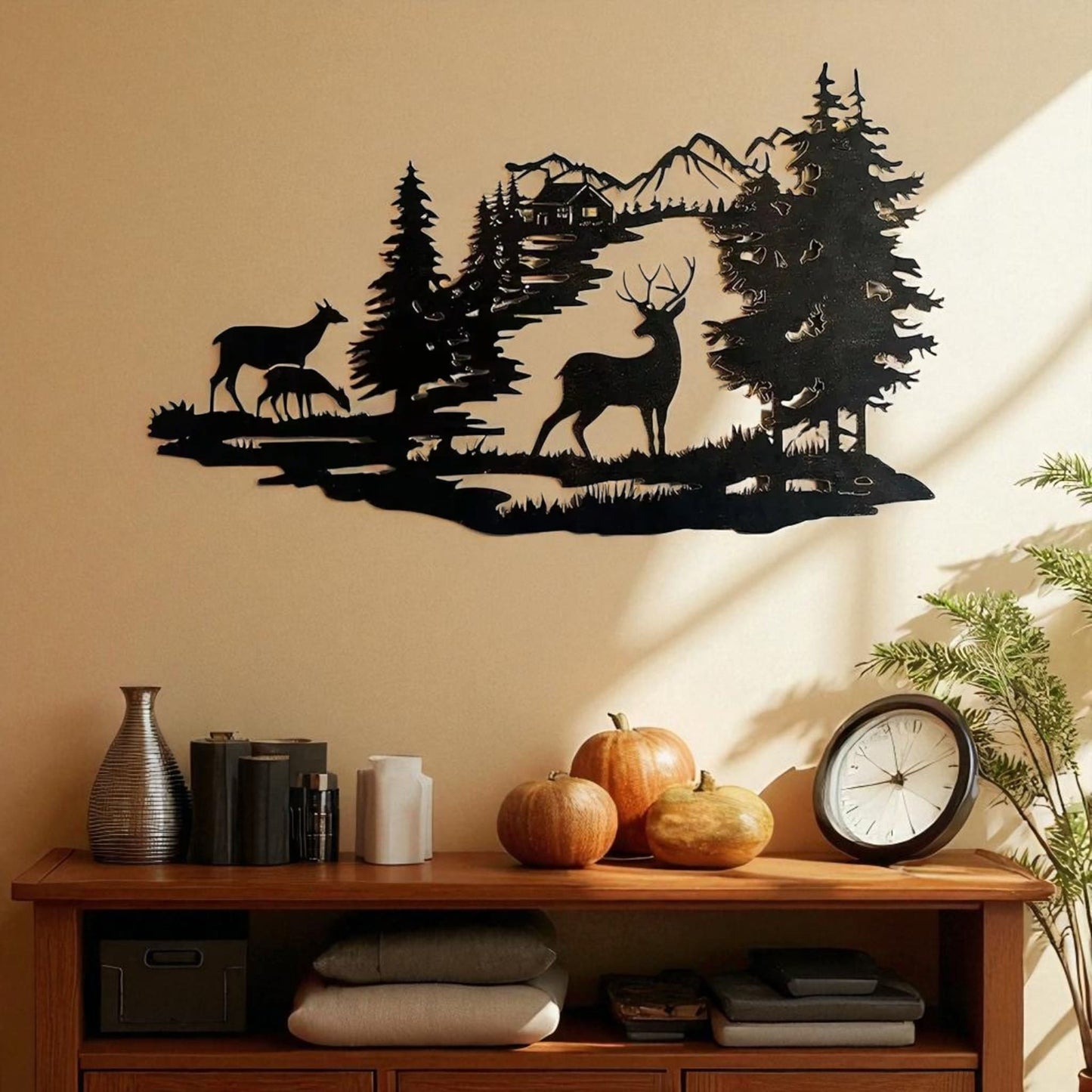 Deer Forest Silhouette Metal Wall Art – Rustic Cabin Home Decor