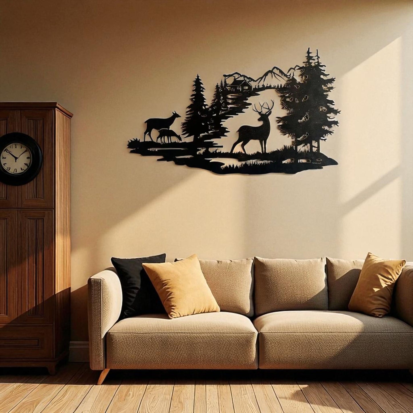Deer Forest Silhouette Metal Wall Art – Rustic Cabin Home Decor