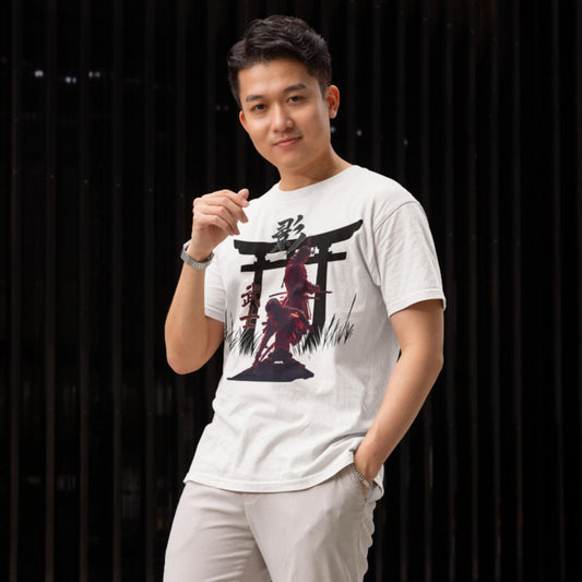 Model wearing the white Assassin’s Creed Shadows Samurai Shirt Torii Gate Design showing front torii graphic in a relaxed pose