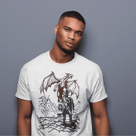 Model wearing the White Enshrouded Corrupted Dragon Stand T-Shirt showing front dragon artwork in a relaxed studio pose