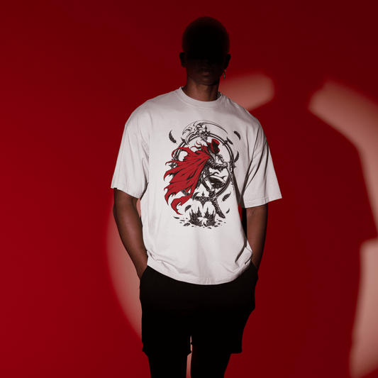 Back view of a model wearing the white Crowsworn Crimson Scythe T-Shirt showing the rear design