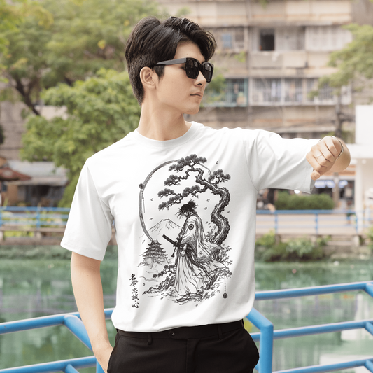 Male model in Fuji Samurai T-Shirt with mountain warrior graphic posing in a bright outdoor lifestyle scene.