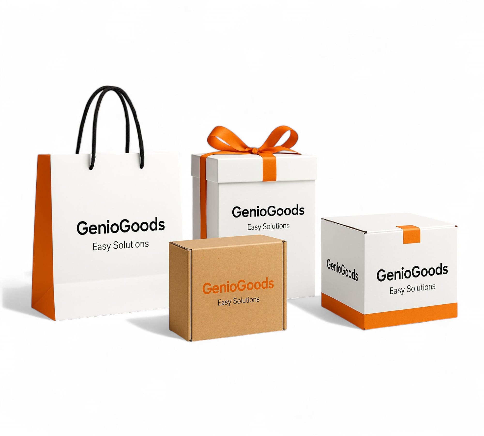 GenioGoods packaging design with gift bag, delivery boxes, and ribbon-wrapped present – stylish and professional brand presentation