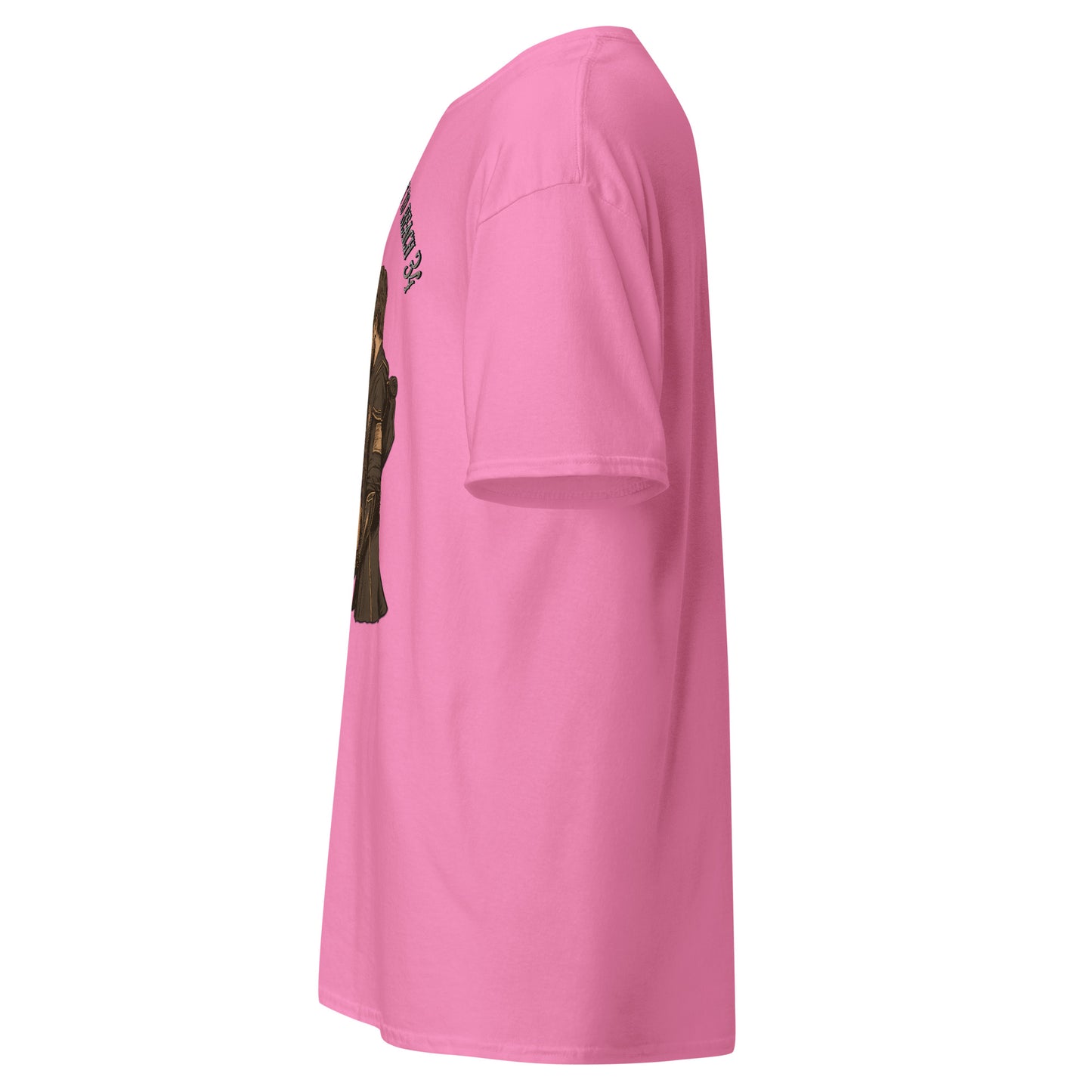 side view of Pink Expedition 33 We Were Never Meant to Reach 34 graphic t-shirt inspired by Clair Obscur Expedition 33.