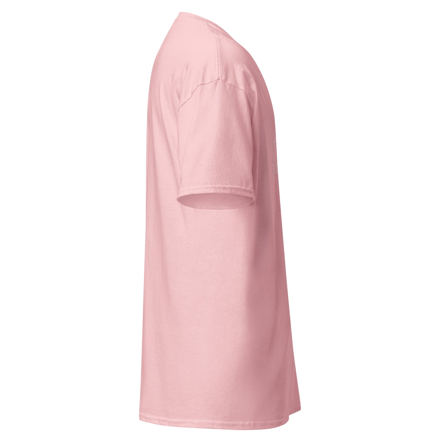 Right side view of the light pink Nine Sols Under the Golden Sol character tee showing sleeve shape and straight silhouette