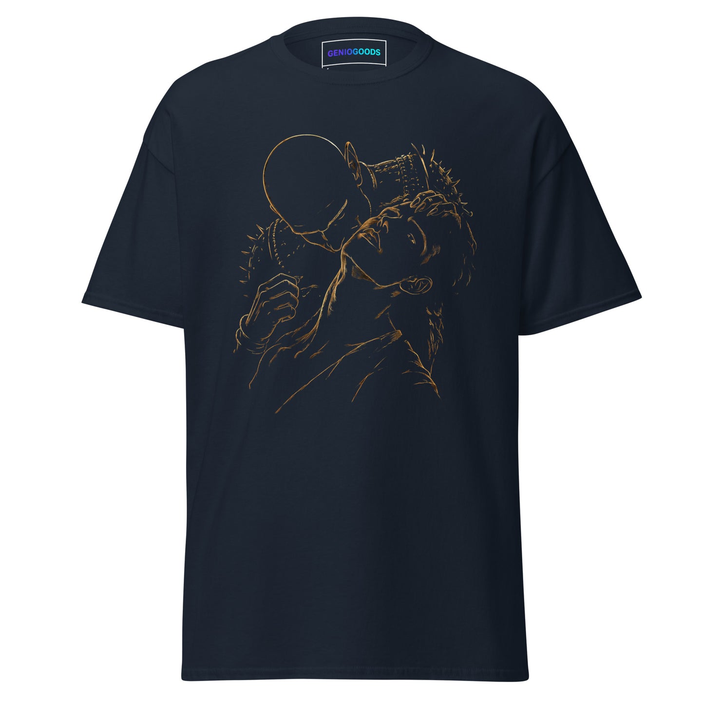 Front view of The Blood of Dawnwalker Sire Embrace T-Shirt with gold line artwork across the chest