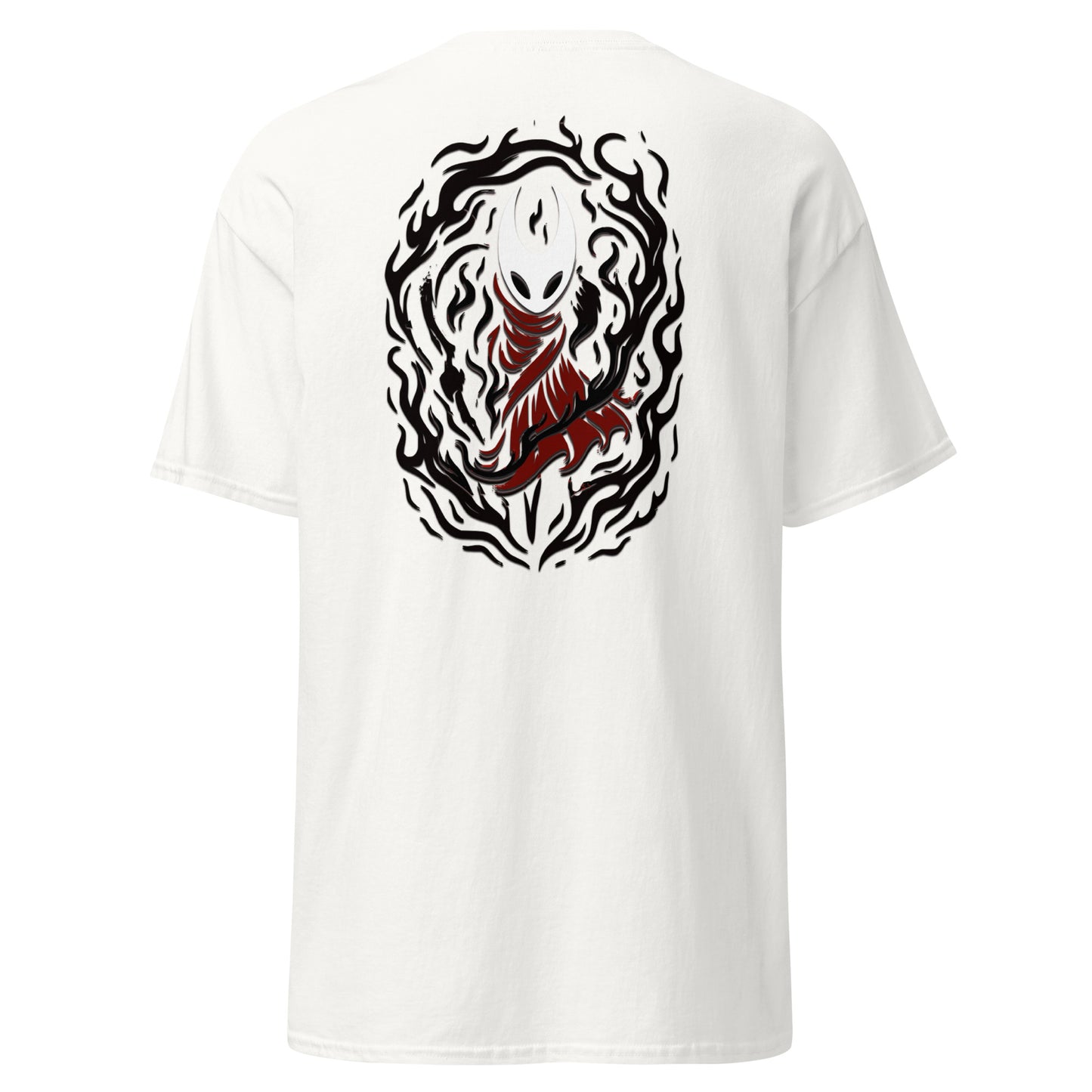 back view of White Silksong Hornet Flame graphic t-shirt inspired by Hollow Knight Silksong.