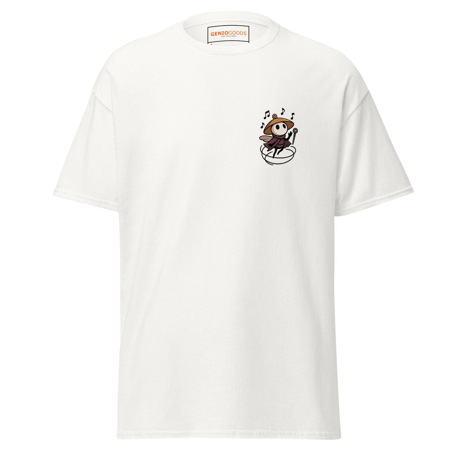 White Hollow Knight Silksong tee front small chest logo with minimal musical emblem