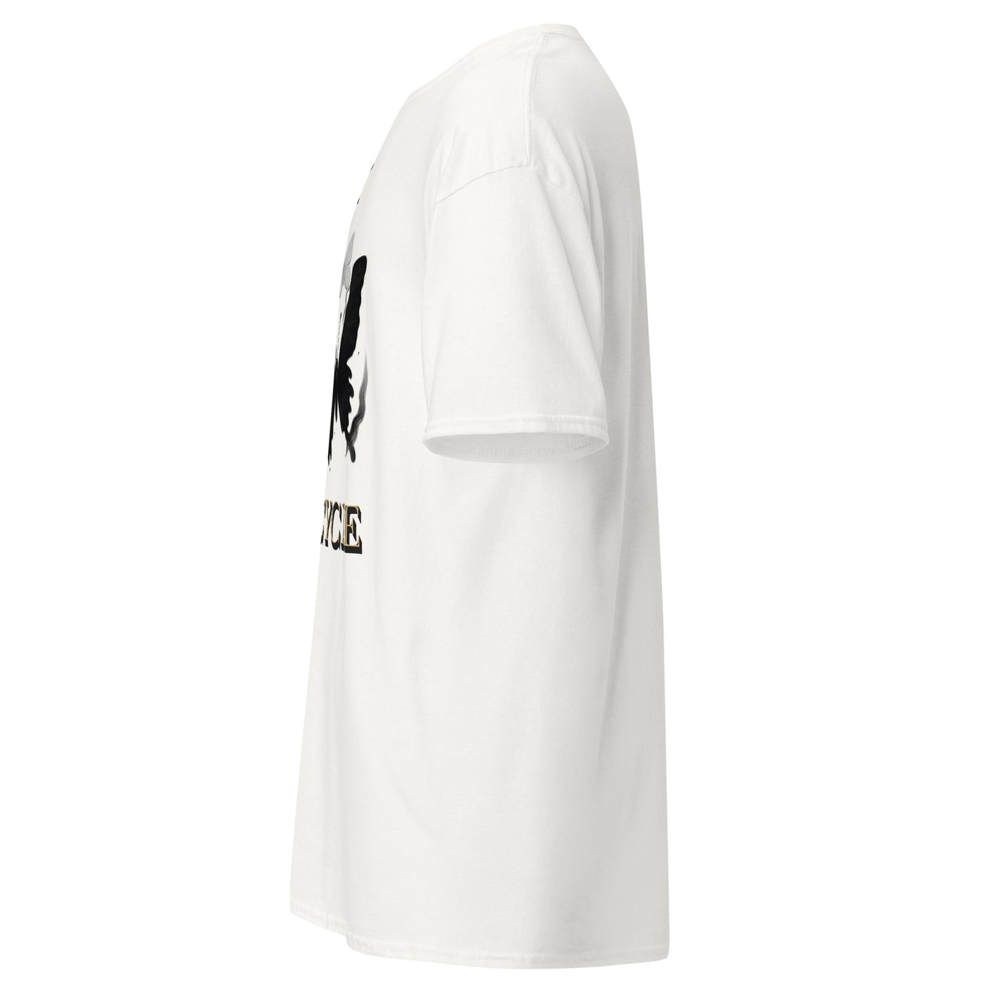 side view of White Expedition 33 Break the Cycle graphic t-shirt inspired by Clair Obscur Expedition 33.