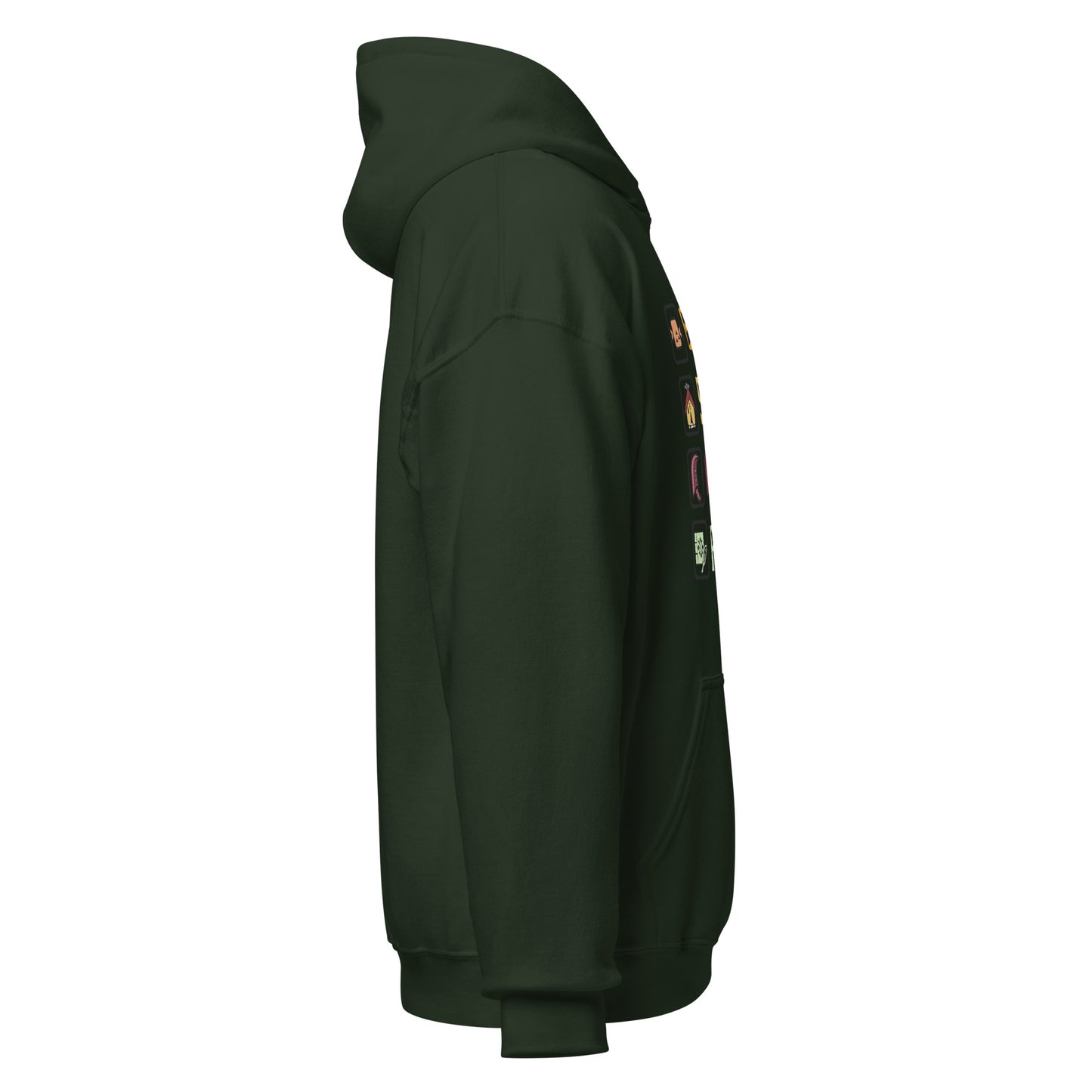 Right side view of the Forest Green Monster Hunter Wilds Eat Sleep Hunt Repeat hoodie showing sleeve and hood structure
