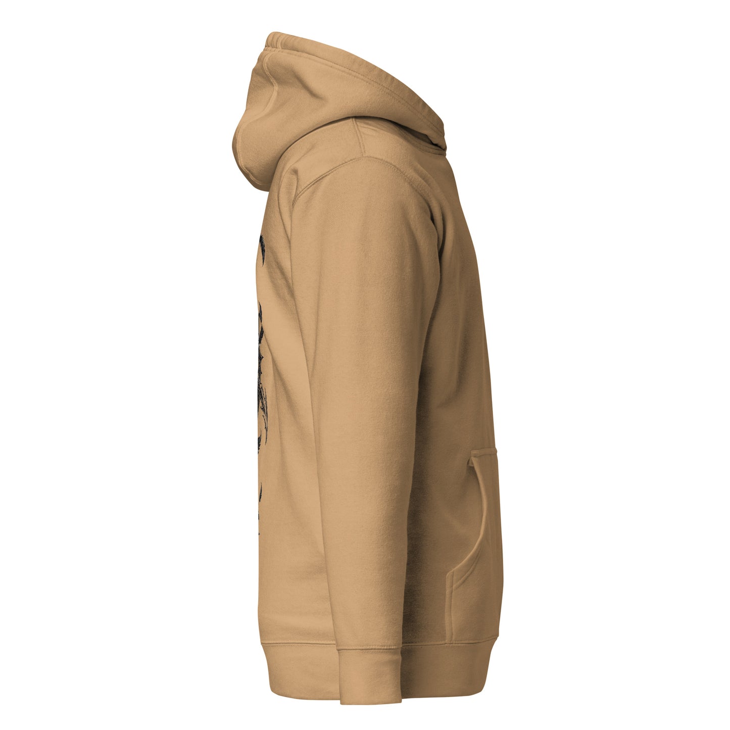 Right side view of Crowsworn Crimson Scythe hoodie with soft casual silhouette