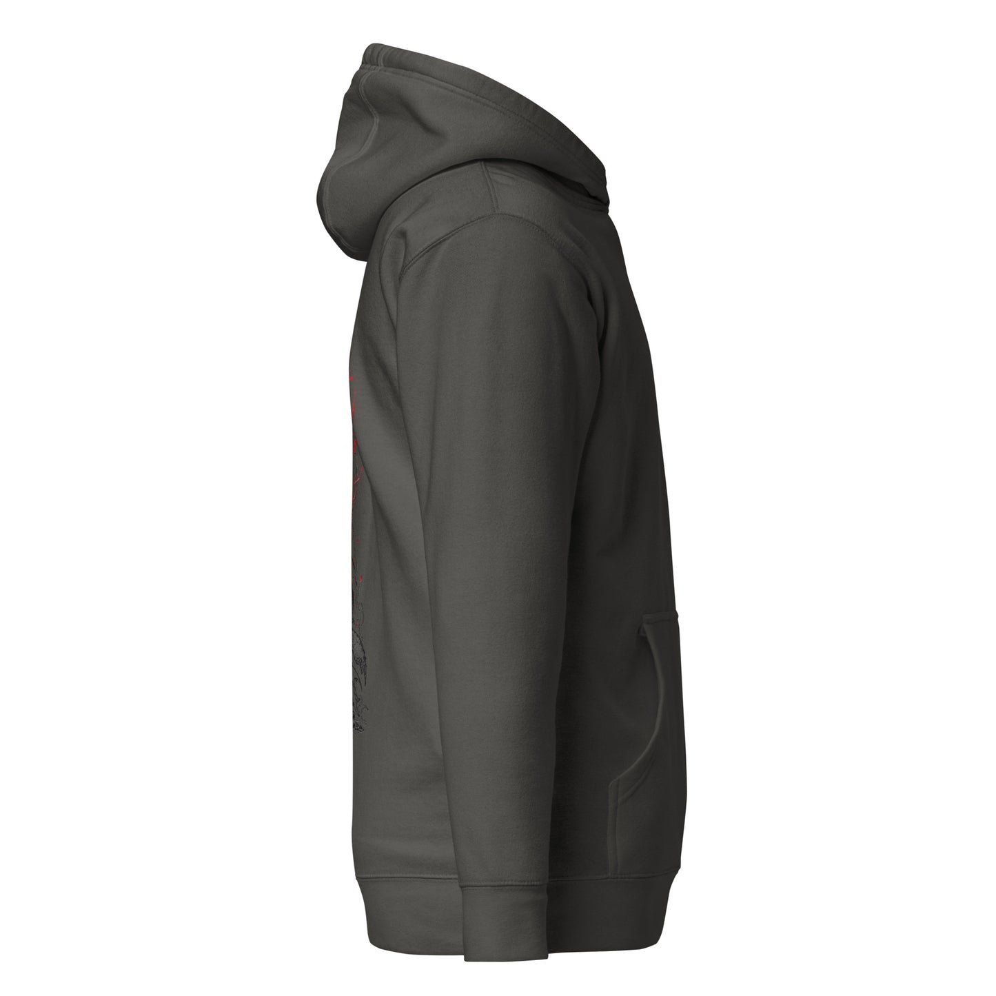Right side view of The Blood of Dawnwalker Crimson Eclipse Hoodie showing side silhouette, hood shape and sleeve profile