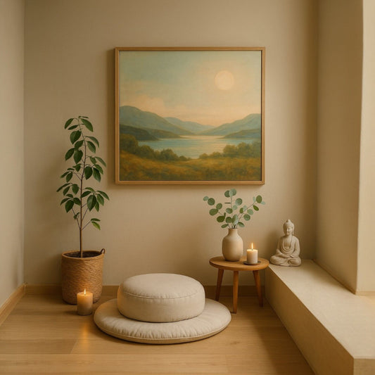 Serene healing space with pastel landscape painting, meditation cushion, candles, and plants, showcasing emotional wall art trends for 2025