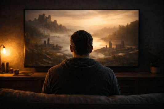 Gamer sitting alone facing a vast game world, representing emotional connection to game worlds beyond hype and immersion