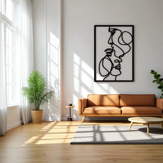 Stylish room featuring romantic metal wall art above a cozy orange couch and lush greenery.