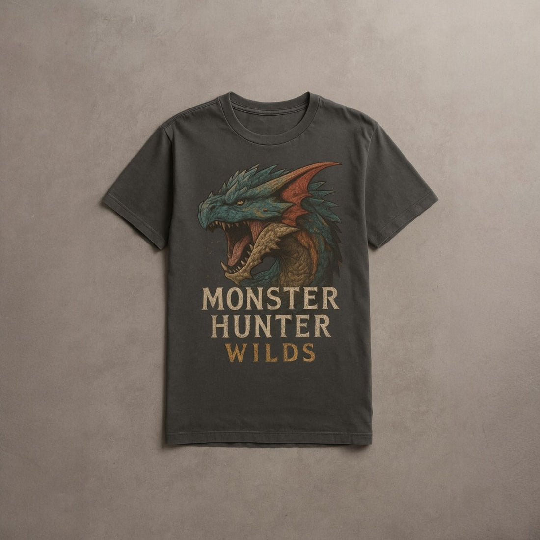Monster Hunter Wilds Inspired Designs shown on a dark graphic T-shirt featuring a fantasy monster artwork