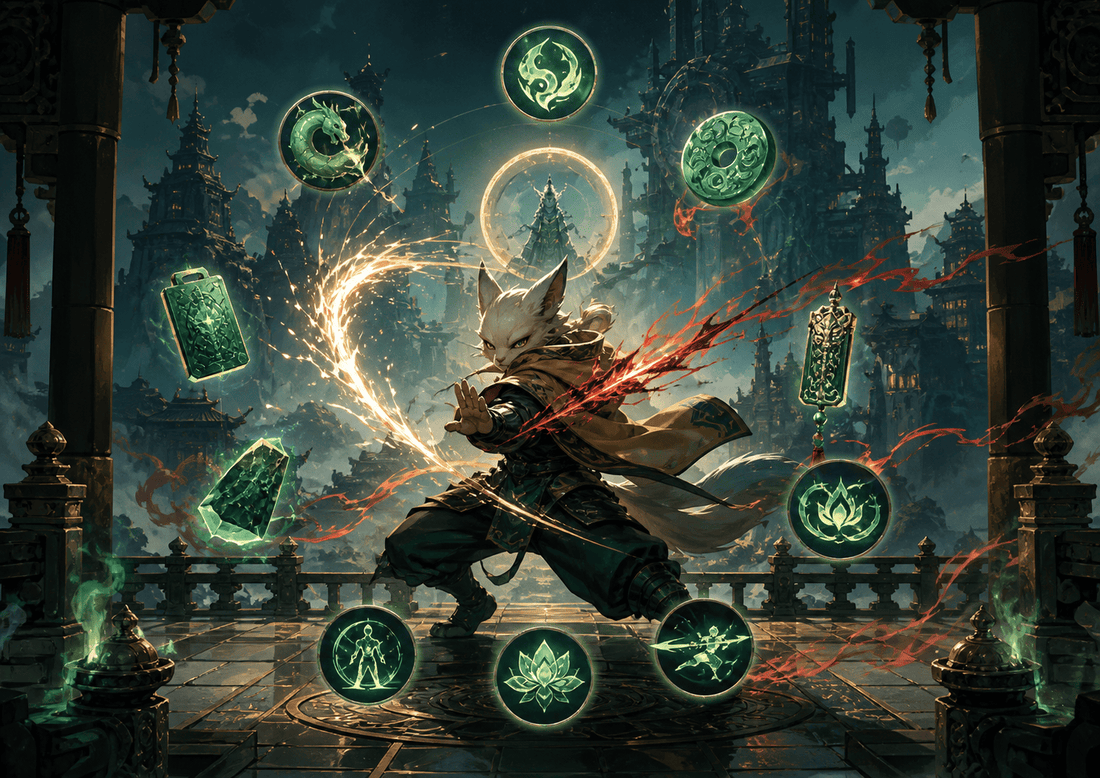 Best Jades and Skills in Nine Sols featured image showing a warrior in New Kunlun surrounded by glowing jade symbols, talisman energy, and a mystical combat atmosphere