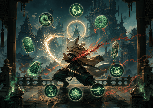 Best Jades and Skills in Nine Sols featured image showing a warrior in New Kunlun surrounded by glowing jade symbols, talisman energy, and a mystical combat atmosphere