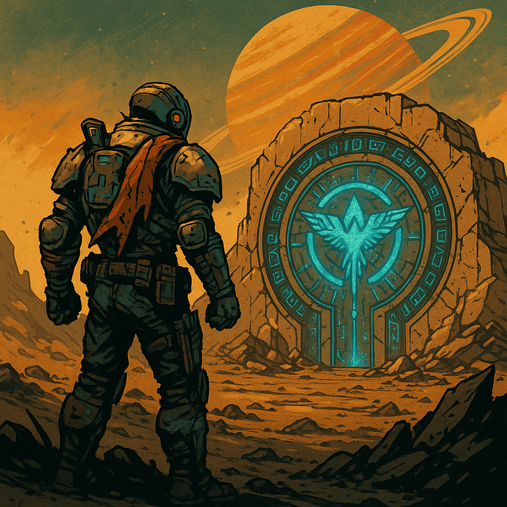 A Borderlands-style vault hunter walking toward massive Eridian ruins in a glowing alien desert, with neon lights, jagged rock formations and a large ringed planet in the sky, capturing the chaotic sci-fi atmosphere of Borderlands 4.
