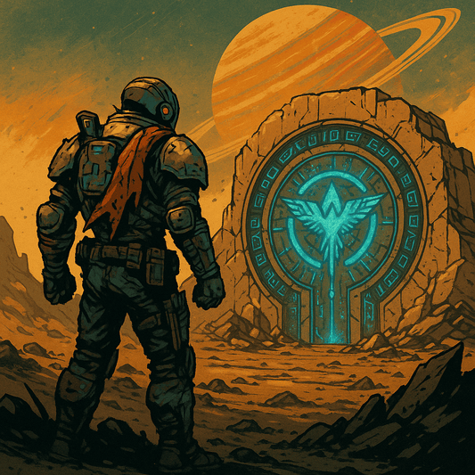 A Borderlands-style vault hunter walking toward massive Eridian ruins in a glowing alien desert, with neon lights, jagged rock formations and a large ringed planet in the sky, capturing the chaotic sci-fi atmosphere of Borderlands 4.