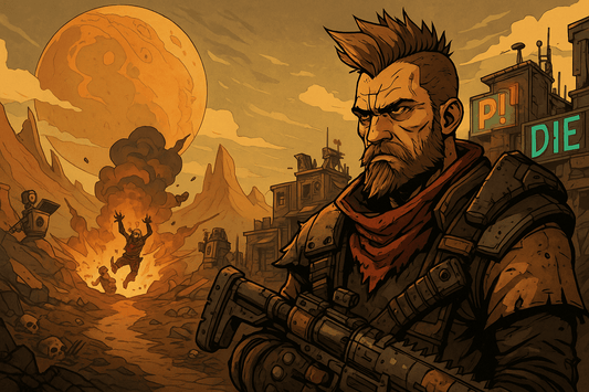Cel-shaded Borderlands-style illustration of a rugged vault hunter standing in a chaotic wasteland with explosions, bandits and a giant planet in the sky, representing the emotional story themes of chaos and survival in Borderlands 4.