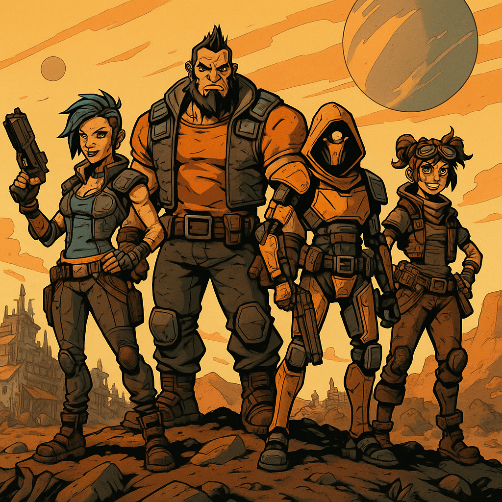 Cel-shaded Borderlands-style illustration of four Vault Hunters standing on rocky terrain, featuring a punk gunslinger, a heavy bruiser, a hooded tech soldier and a young scavenger, with a desert wasteland and planets in the sky.