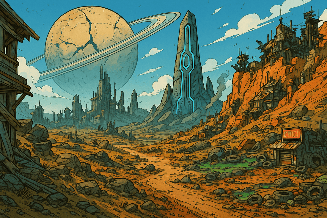 Cel-shaded Borderlands-style city rising from a desert wasteland, with neon signs, scrapyard structures, explosive chaos and a massive planet in the sky, representing the chaotic worlds and regions of Borderlands 4.