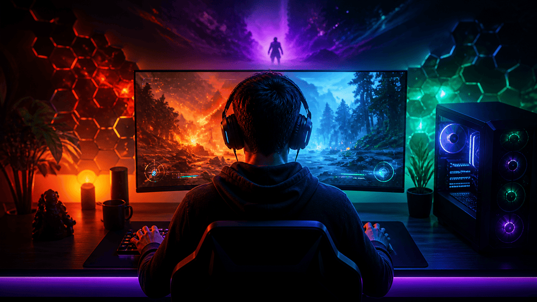 Color psychology in gaming represented through a focused gamer surrounded by contrasting warm and cool lighting in an immersive gaming setup