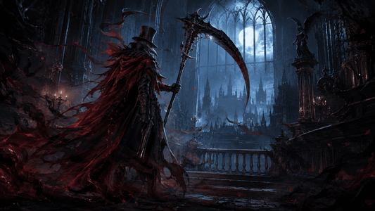 Crowsworn gameplay scene showing a red-caped hunter with scythe and pistol inside a moonlit gothic cathedral