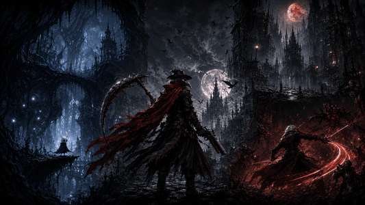 Crowsworn-inspired gothic hunter with red cape, scythe and pistol in a dark fantasy cityscape