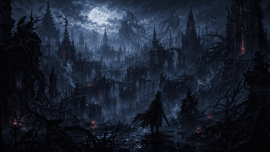 Crowsworn lore featured image showing a red-caped hunter walking through the cursed kingdom of Fearanndal, surrounded by gothic ruins, ravens and moonlit fog