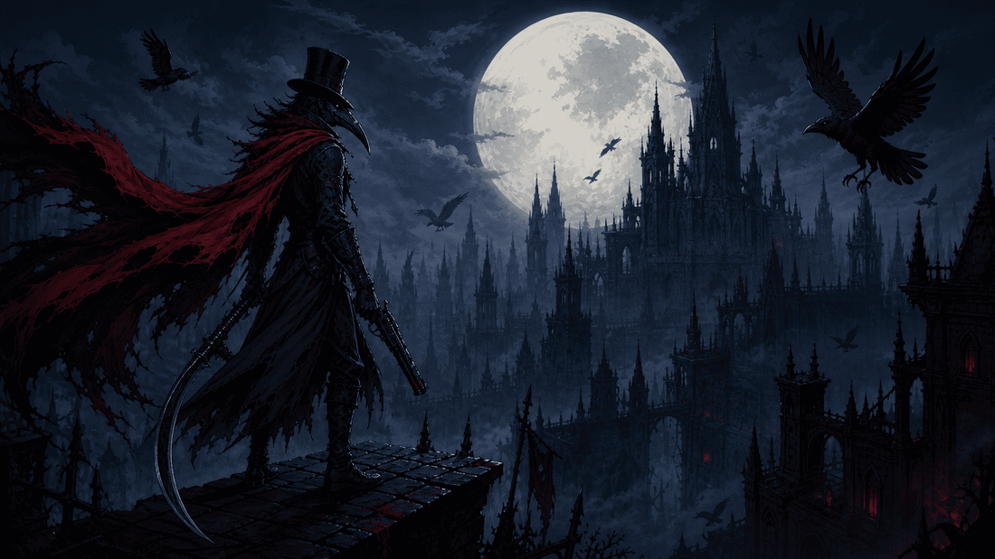 Crowsworn release date featured image showing a dark character with a red cape and top hat overlooking a gothic city under the moon