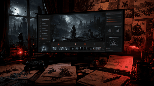 Premium dark gamer workspace showing an abstract gothic metroidvania development preview with crow shadows and red cinematic lighting.