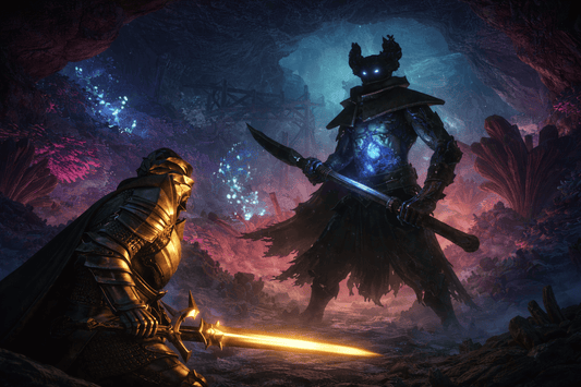 Golden armored knight confronting a towering shadow boss with glowing blue core inside a dark mystical cavern, Enshrouded-inspired fantasy battle scene.