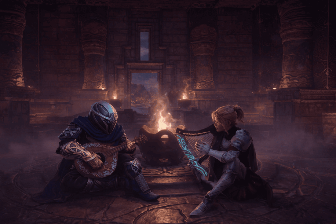 Two fantasy characters sitting on the floor of an ancient temple, playing a lute and a harp in front of a magical brazier, with stone columns and a distant illuminated city in the background.