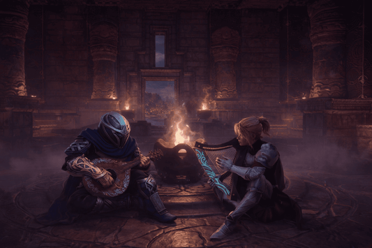 Two fantasy characters sitting on the floor of an ancient temple, playing a lute and a harp in front of a magical brazier, with stone columns and a distant illuminated city in the background.